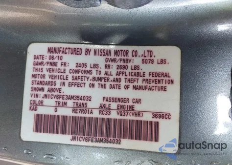 2010 Infiniti G37 from USA, damaged, VIN JN1CV6FE3AM354032